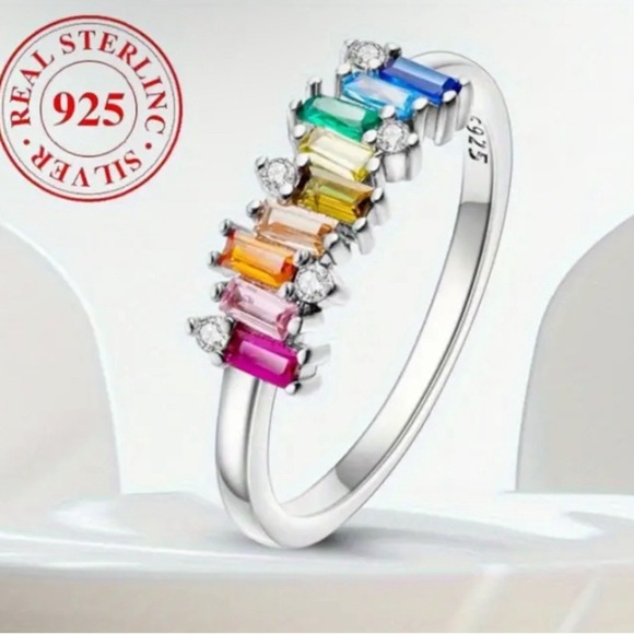 925 Sterling Silver Rainbow Gemstone Ring - Picture 1 of 4